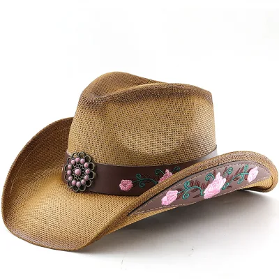 Western Jazz Cowboy Hat Men Women Party Embroidery Leather Band Wholesale Paper Straw Fedora Hats