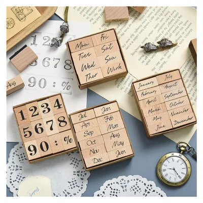 Alphabet Letter Stamp Rubber Stamps with Vintage Dete Week Month Number Stamp Wood Handle