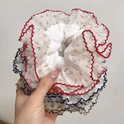 Women Trendy Design Large Floral Pattern White Hair Band Double Layer Ruffle Hair Scrunchies