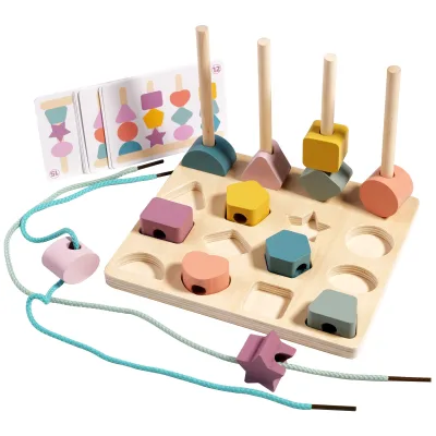 CPC/CE/EN71 Certificated Kids Lacing Set Fine Motor Skills Geometric Shape Cognition Toy Wooden Shape Sorter Blocks Toy