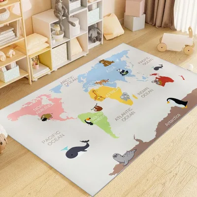 Kids Educational World Map Play Mat Non-Slip Velvet Rug with Crystals Animals Play Carpet for Living Room and Home Use