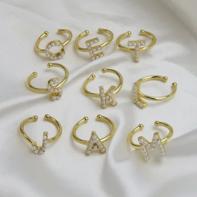 Alphabet Gold Plated Adjustable Ring Copper Pearl Micro Paved Letters Rings Fashionable Jewelry Wholesale