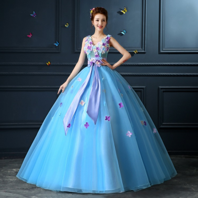 Spring Elegant Light Blue Flowers Floor Length Wedding Ball Gown