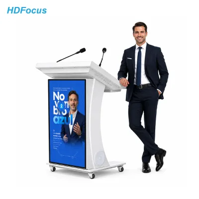 All in One Digital Podium with 43 Inch Display 21.5 Inch Touch Control Auto Lift Double Mic Wireless Charge for Auditorium