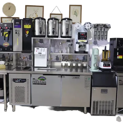 Custom Made Milk Tea Shop Full Set of Bubble Tea Equipment Workbench Custom Made Stainless Steel Bubble Tea Refrigerated Bar.