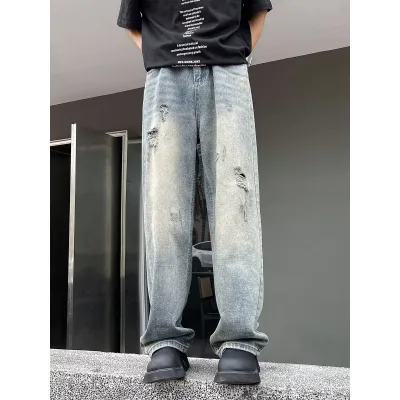 Custom High Quality American Vintage Ripped Jeans Men's High Street Loose Straight Leg Casual Draping Wide-leg Pants
