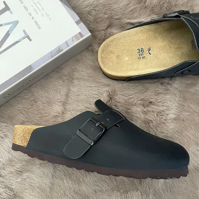 Genuine Leather Thick-sole Cork Bken-style Sandals for Women Summer Casual Slip-on Covered-toe Birkenstock-style Half-sandals