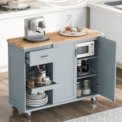 Bien Modern Kitchen Island with Foldable Counter Top Wood Style MDF on Wheels Rolling Kitchen Island