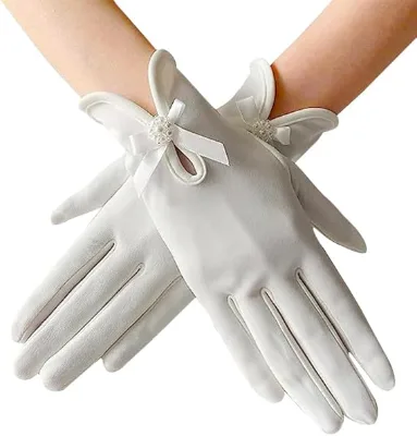 SAILING Women's Breathable Elegant Bow Pearl Flower Short Satin Polyester Bridal Gloves for Opera Dinner Party