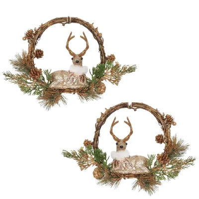 Artificial Reindeer Christmas Wreath Christmas Garlands Wreaths with Pine Cone for Front Door Cabinets Kitchen Window Home Decor