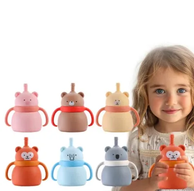 BFA Free Silicone Baby Cup With Lid 100% Food Grade Silicone Baby Sippy Cups Baby Training Silicone Animal Sippy Cup With Straw