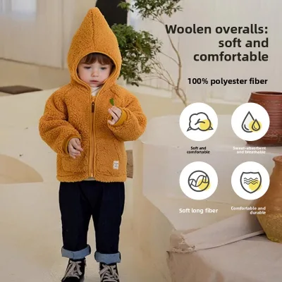 New Solid Color Warm Plush Children'S Hooded Cardigan Fleece Boys Girls Winter Coat Jacket Kids Clothing