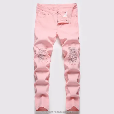 Hot Sale Boys' Straight Denim Jeans High Street Style Washed Pink Ripped Rivet Cotton Spandex