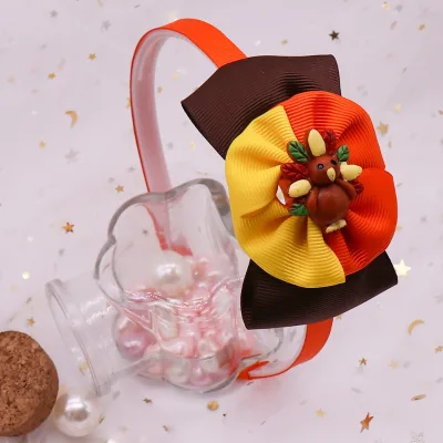 For New Turkey Cartoon Fabric Headband Thanksgiving Party Children's Headwear with Bow