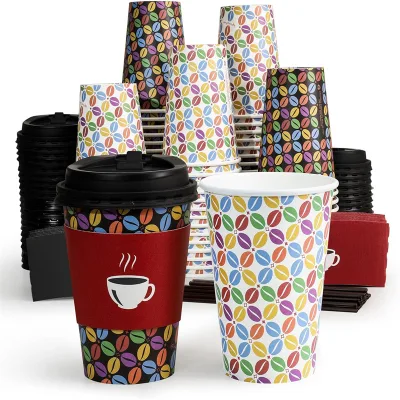 Eco Friendly 16 oz Paper Coffee Cups Sleeves Paper Cups for Hot Cold Beverage Sturdy Thick Paper & Leak-free Black White Designs