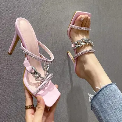 2022 Stylish Sandals Shoes Buckle Chain Diamonds Street High Heel Shoes for Ladies Slip-on Square Toe Slippers