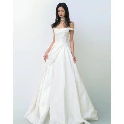 Sleeplate French Style High-end One-shoulder Satin Crystal Wedding Dress Elegant Simple Backless Bride Floor-length Beach