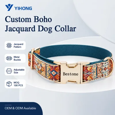 Personalized Boho Jacquard Dog Collar Custom Logo Metal Hardware Adjustable Comfort Pet Collar MOQ 100PCS Wholesale