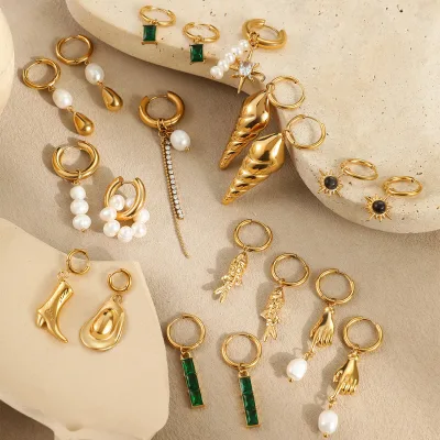 Wholesale Anti-Tarnish Ocean Zirconia Hoop Earrings 18k Gold Plated Freshwater Pearl Fish Conch Pendant Earrings for Women