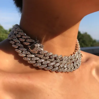 Gold Silver Rose Gold White pink Cz 12mm 1 Row Cubic Zirconia Cz Diamond Shape Cuban Choker Necklace for Women