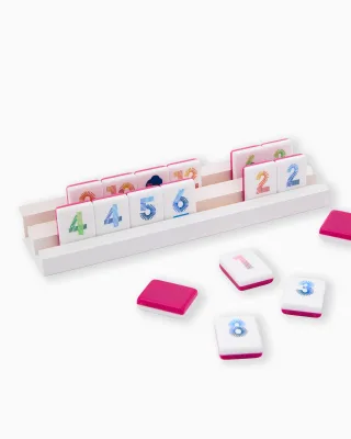 Two Tone Pink and White Rummy Travel Game Set Acrylic Rummikub With 4 Wooden Base Suit for Game Night and Gatherings