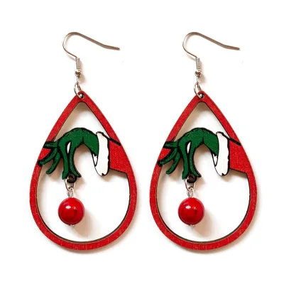 Retro Red Green Wooden Santa Claus Christmas Tree Earrings for Girl