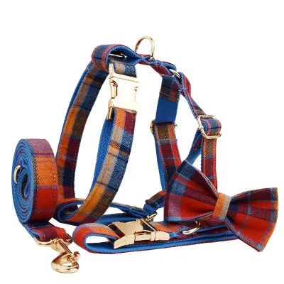 New Style Blue Background Velvet Plaid Retractable Dog Collar Leash Bow Tie Gentleman Pet Engraved Cross-border Supply