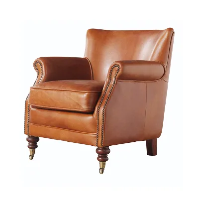Factory Manufacturing Retro Style Sofa Chair Top Grain Genuine Leather Sofa Chair
