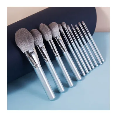 Professional Starry Ocean 11-Piece Synthetic Hair Makeup Brush Set Silver Ferrule Glitter Blue Wood Handle for Face Application