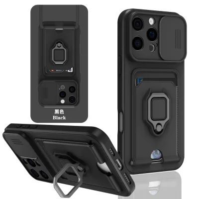 High Quality Anti Shock Soft TPU Multi-function Phone Case with Ring Holder Kickstand Sliding Lens Protective Shockproof Cover