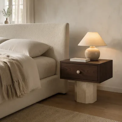 Modern Bedside Table Walnut Veneer Single Drawer Travertine Base Nightstand Bedroom Storage Cabinet Hotel Furniture