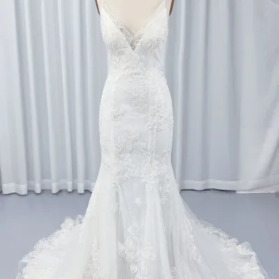 For Jancember HX63 Modern Mermaid Wedding Dresses Simple Gossamer Spaghetti Strap Button Sequined Lace Crystal Decor Floor-Lengt