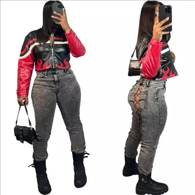 For European and American Women's Flame Patchwork Motorcycle Jacket Pu Leather Coat Casual Nylon Lining Print