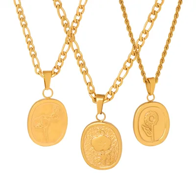 Wholesale Hypoallergenic Stainless Steel 18K Gold Plated Filled Flower Oval Pendant Necklace for Women Friendship Gift