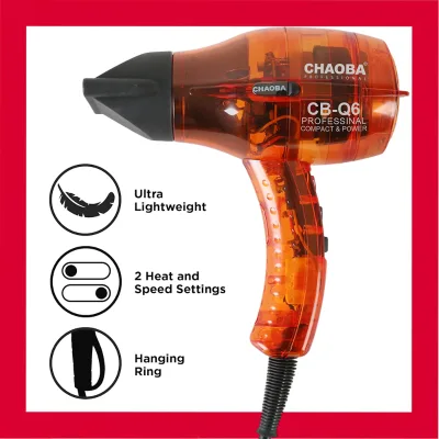 CHAOBA Compact Hair Dryer, Blow Dryer with 2 Concentrator, 2000W Lightweight Design, Perfect for Travel, Salon, Home (Orange)