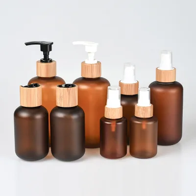 30ml 60ml 120ml 250ml 500ml Lotion Frosted Amber   Bottle with Bamboo Cap Pump Cover