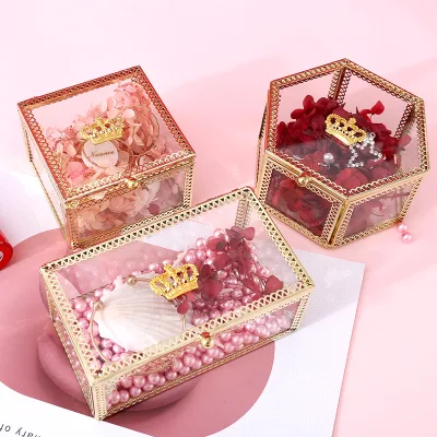 European Crown Style Jewelry Storage Box Exquisite Polygonal Glass Cosmetics Princess Jewelry Ring Necklace Gift Packaging Box