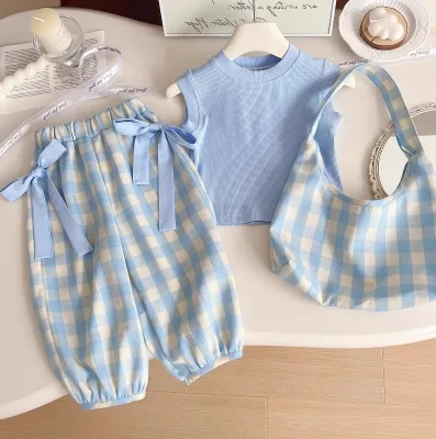 2025 Summer New Style Girls' Blue Plaid Three-Piece Set Sleeveless Top Bow Wide Leg Pants Shoulder Bag Worested Cotton Toddlers