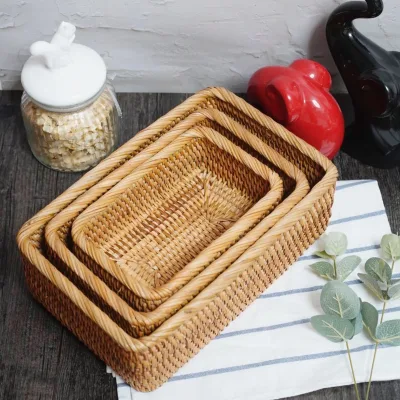 Hot Selling High Quality Luxury Natural Rattan Storage Basket Handwoven Rectangle 3pcs Set Gift Basket Home Decoration