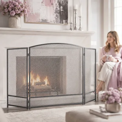 Classic Oil Rubbed Bronze 3 Panel Folding with Arched Center Fine Mesh Horizontal Bar Fireplace Screen