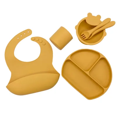 6 Pack Silicone Baby Feeding Set Baby Feeding Supplies with Suction Bowl Divided Plate Soft Spoon-BPA Free