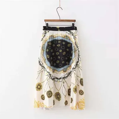 Fashionable New Model Plus Size Casual Ladies Luxury Geometric Print Ruffles Chain White Ankle-Length 100% Polyester Long Skirts