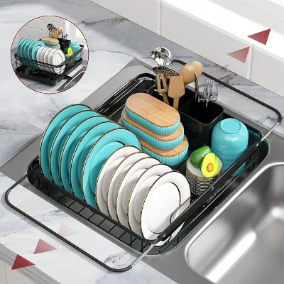 Black Dish Drying Rack Kitchen Dish Drainer Rack with Drying Board and Utensil Holder