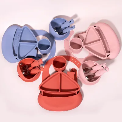 Food Grade Silicone Baby Dinnerware Eco-friendly Children Feeding Set Custom Kids Plate With Bowl Spoon Set Gift