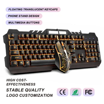 Wired Gaming Keyboard Mouse Combo 104-Key Rainbow Backlit Feel Metal Panel 26-Key Anti-Ghosting USB for PCs Wholesale