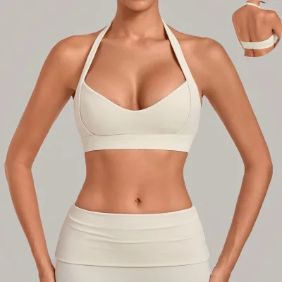 Women Halter Sports Bra Deep V Neck Padded Workout Top Criss Cross Back Yoga Bra Activewear Backless Sports Bra