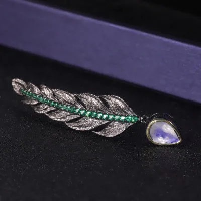 C8270 Abiding Fine Jewelry Personalized Black Gun Plated 925 Sterling Silver Natural Moonstone Feather Pin Brooch
