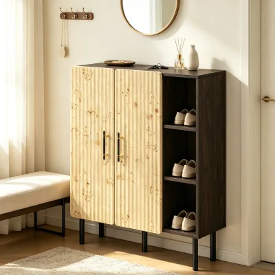 Better Home Wooden Shoe Storage Cabinet 2-Door Freestanding Minimalist Shoe Organizer Open Shelves Legs Mid-Century Entryway
