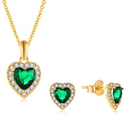 Hot-Selling Jewelry Peach Heart Green Zirconium Pendant Necklace Shining Love Zircon Earrings Necklace Set
