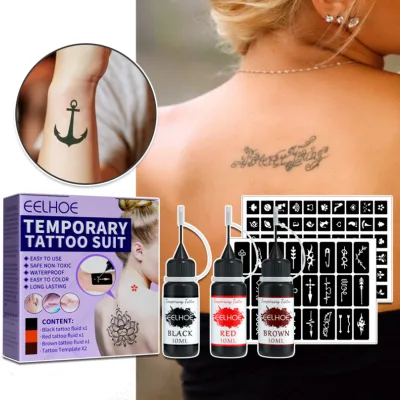 Juice Tattoo Liquid Set Black Red Brown Tattoo Fluid Waterproof Temporary Tattoo Suit with Hollow Pattern Template